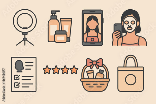 Beauty and self-care flat icons set – skincare, wellness, grooming symbols