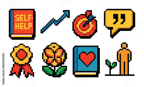 Self-help and motivation pixel art icons set – digital, gamified success symbols