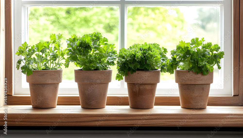 Aromatic parsley growing in pot on window sill