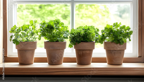 Obraz na płótnie Aromatic parsley growing in pot on window sill w salonie