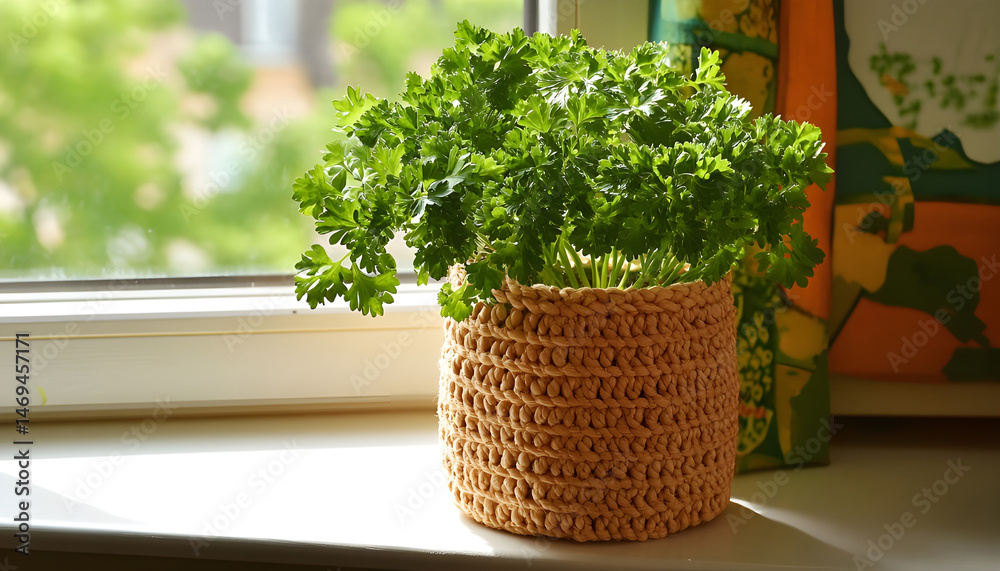 Aromatic parsley growing in pot on window sill