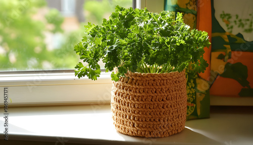 Obraz na płótnie Aromatic parsley growing in pot on window sill w salonie
