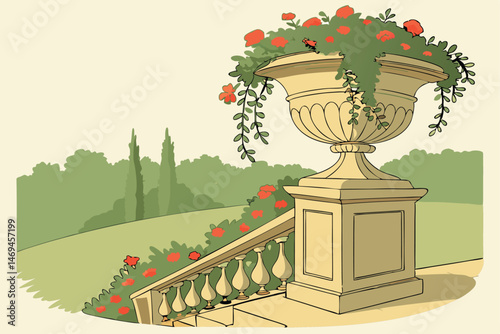 29 ornate stone planter, lush greenery, vibrant red flowers, trailing vines, ornamental garden, botanical display, classical architectural style, stone urn, detailed carvings, outdoor landscape, natur