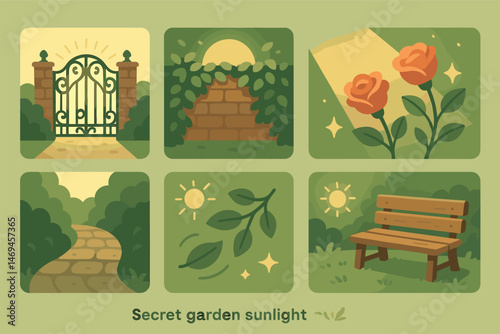 Secret garden sunlight icons set – flat, filled illustration, outdoor nature symbols