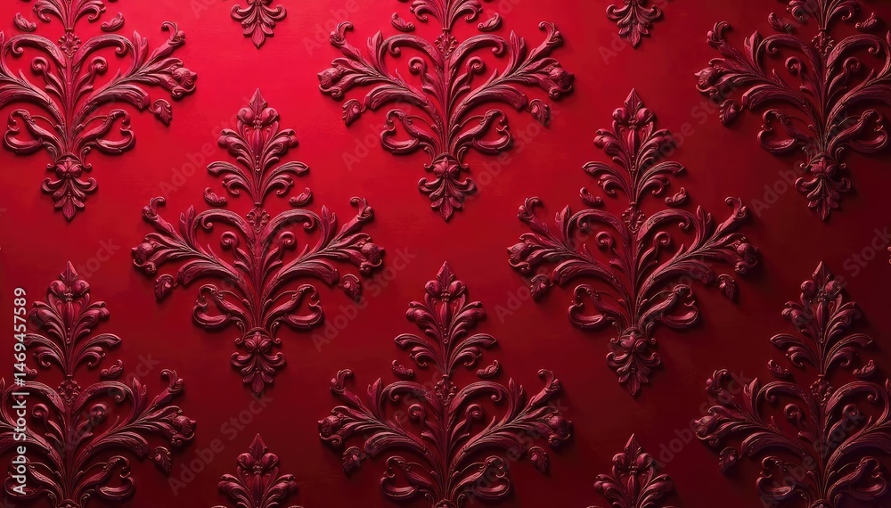Rich burgundy damask pattern with swirling acanthus leaves and intricate detail , decor, design, vintage Rich burgundy damask pattern with swirling acanthus leaves and intricate detail , decor, design, vintage