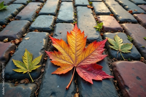 Repetitive leaf imprint on aged stone pavement, natural, rustic, pavement