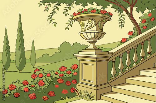 29 ornate stone planter, lush greenery, vibrant red flowers, trailing vines, ornamental garden, botanical display, classical architectural style, stone urn, detailed carvings, outdoor landscape, natur