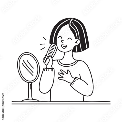 A woman singing into a hairbrush stand next to mirror