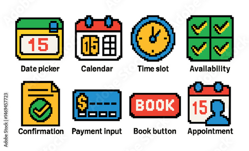 Appointment booking pixel art icons set – calendar, schedule, planning symbols