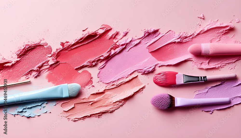 Smears of various cosmetics on a pink background, flat lay