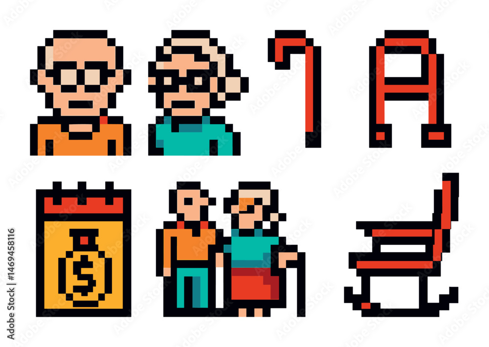 Elderly support pixel art icons set – retirement, senior care, healthcare symbols Elderly support pixel art icons set – retirement, senior care, healthcare symbols