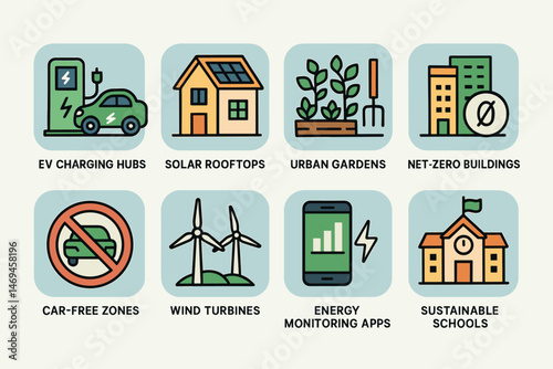 Sustainability and environment icons set - flat, filled, eco-friendly and green symbols