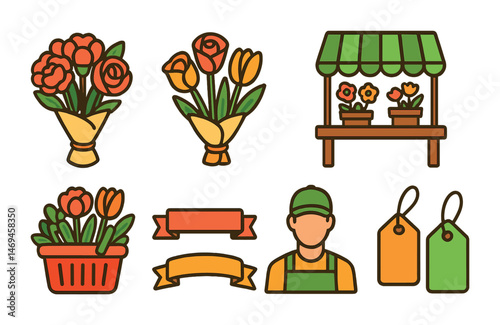 Gardening and florist icons set – outline, flat, plant and flower design elements
