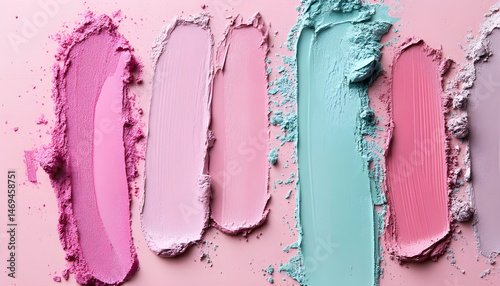 Smears of various cosmetics on a pink background, flat lay