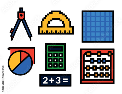 Mathematics education icons set – filled, pixel art, learning and teaching tools