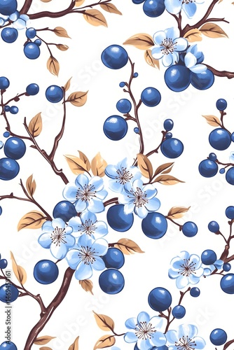 A seamless pattern featuring delicate white flowers and dark blue berries on brown branches against a white background