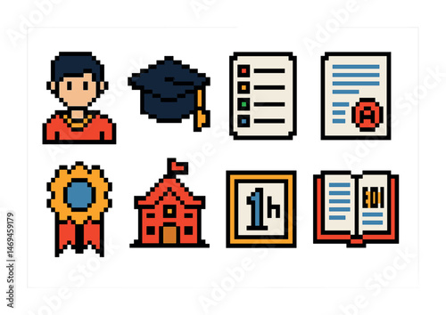 Education and learning pixel art icons set – school, academic, knowledge symbols