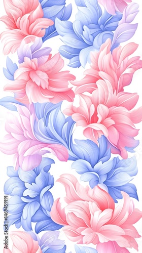 A seamless pattern featuring pink and blue stylized flowers on a white background