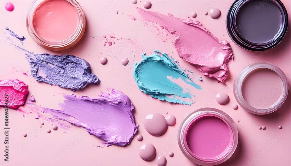 Smears of various cosmetics on a pink background, flat lay