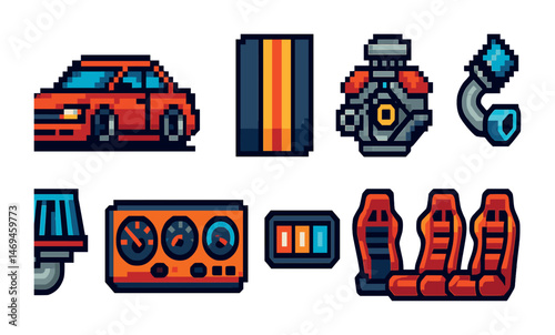 Pixel art icons set – automotive, retro, and car-themed symbols for enthusiasts