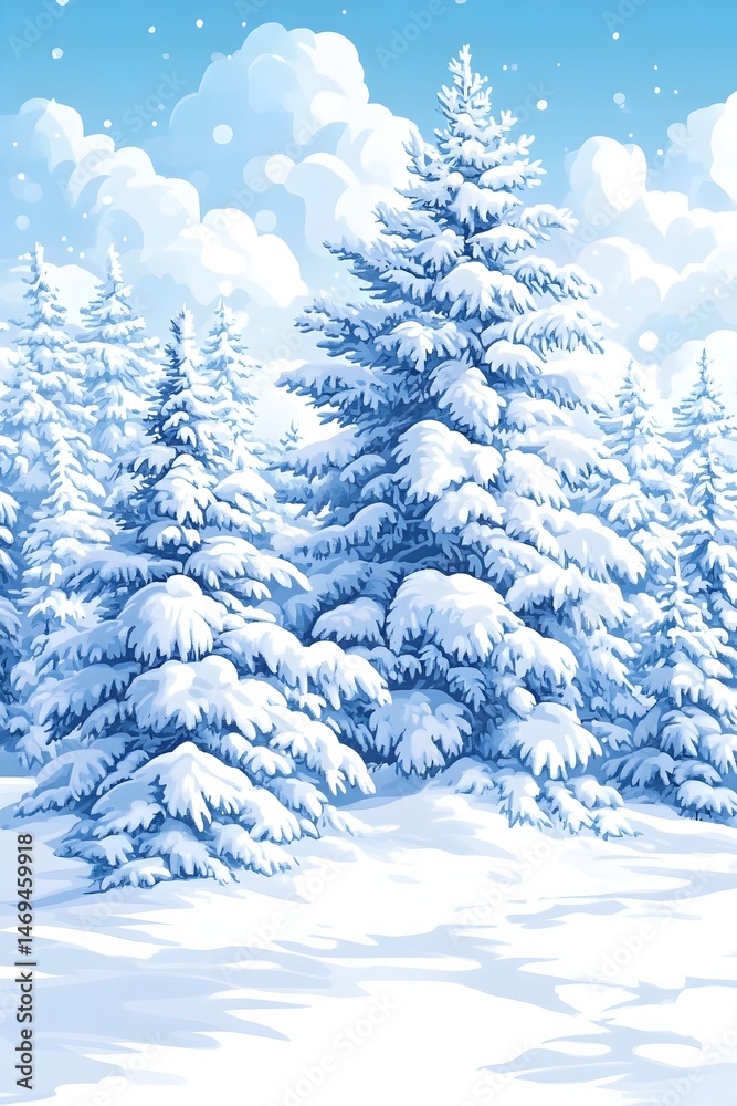 Naklejka premium A snowy forest scene with tall, snow-covered pine trees against a blue sky with puffy clouds