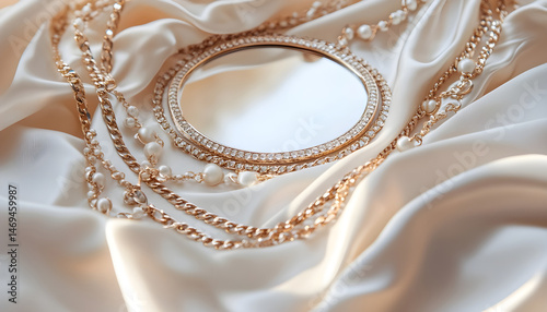 Metal chains and mirror on white fabric. Luxury jewelry