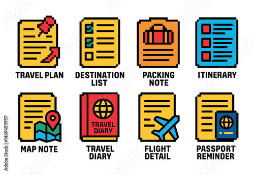 Travel itinerary pixel art icons set – retro, outline, trip planning graphics