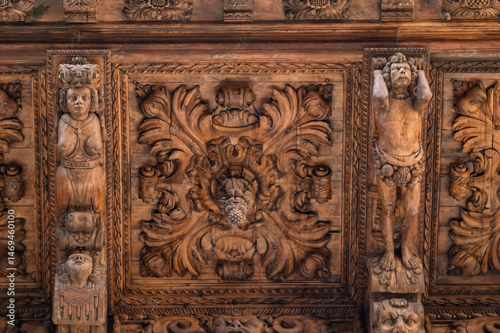 Beautiful wooden carving on the historic building of town hall in Palma de Mallorca, Spain