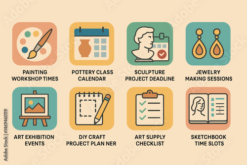 Creative hobby line icons set – outline, linear, arts and crafts symbols