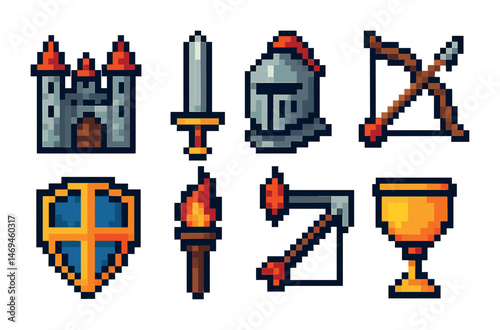 Medieval fantasy pixel art icons set – knight, castle, weaponry symbols