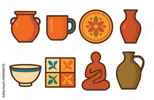 Ceramic and pottery icons set – flat, outline, artistic crafts and decor symbols
