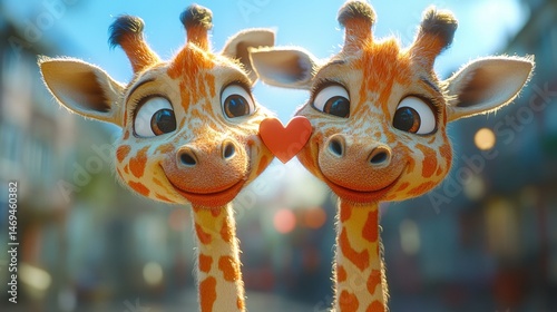 Two giraffes with hearts on their heads animal background photo