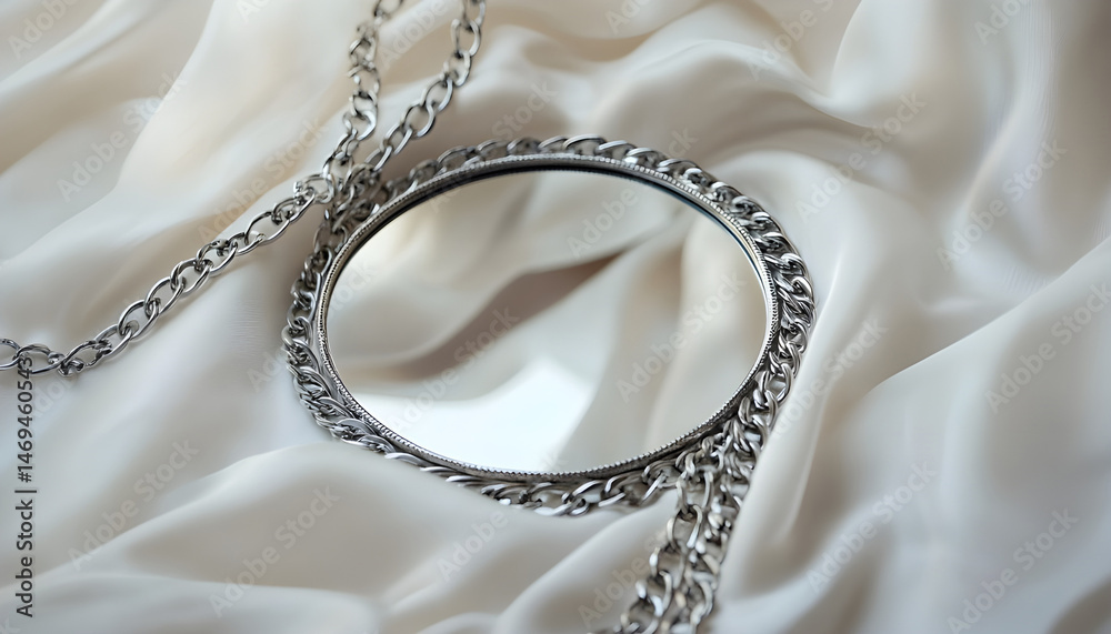 Metal chains and mirror on white fabric. Luxury jewelry