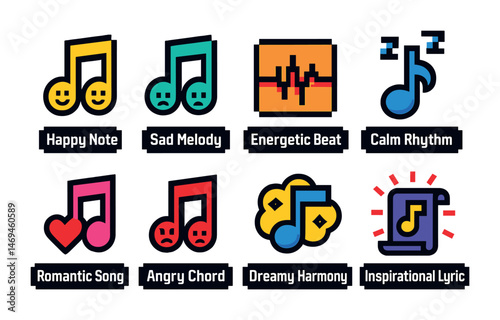 Music and melody pixel art icons set – flat, filled, sound and rhythm graphics