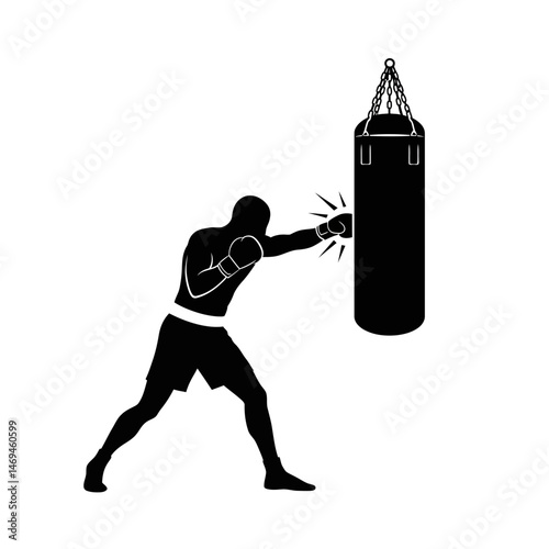 Powerful Boxer Silhouette Striking a Heavy Training Bag With Maximum Force