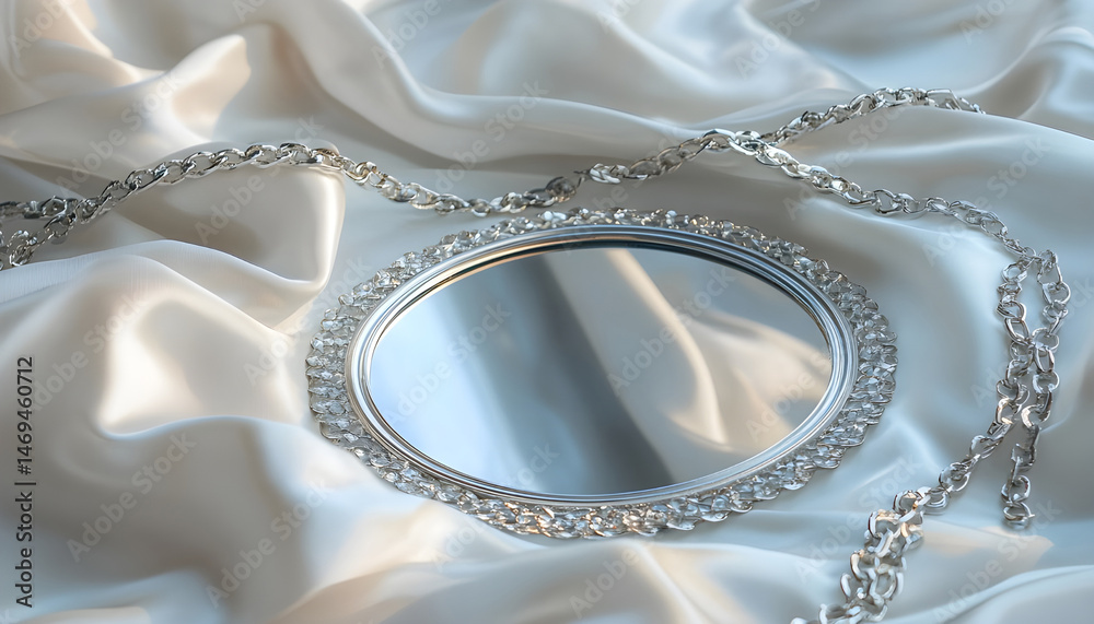 Metal chains and mirror on white fabric. Luxury jewelry