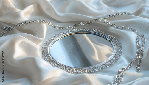 Obraz na płótnie Metal chains and mirror on white fabric. Luxury jewelry w salonie