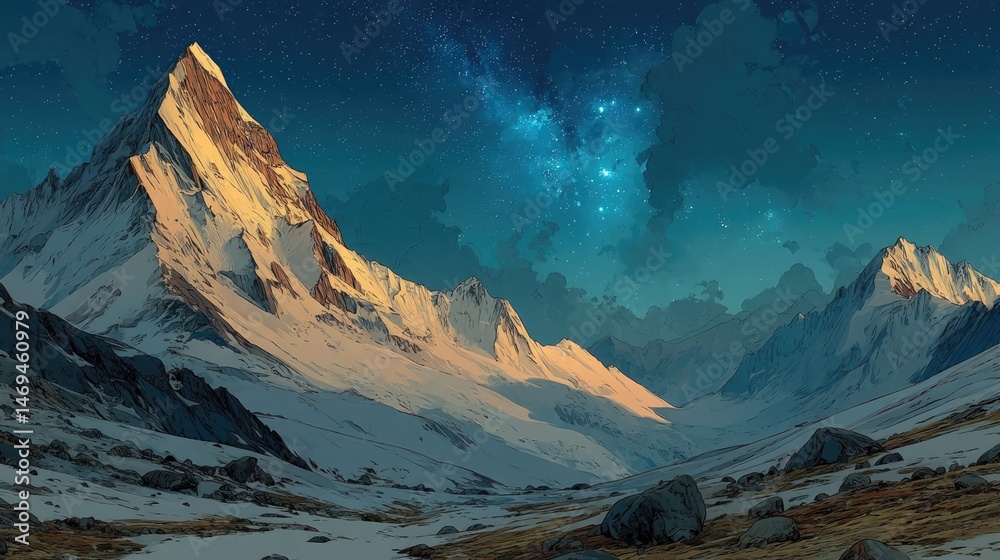 Obraz premium Snowcapped mountains under starry sky adventure majestic landscape nighttime exploration