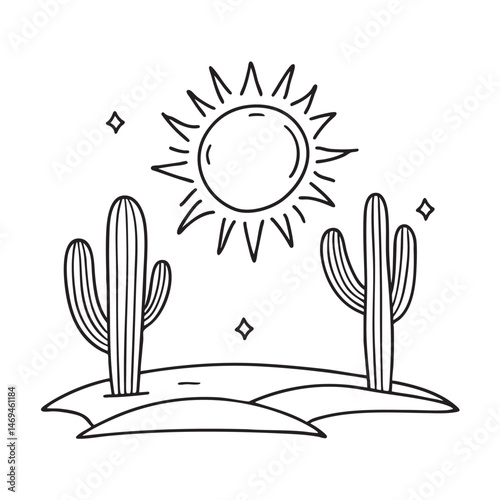 A large sun above a desert with cactus plants