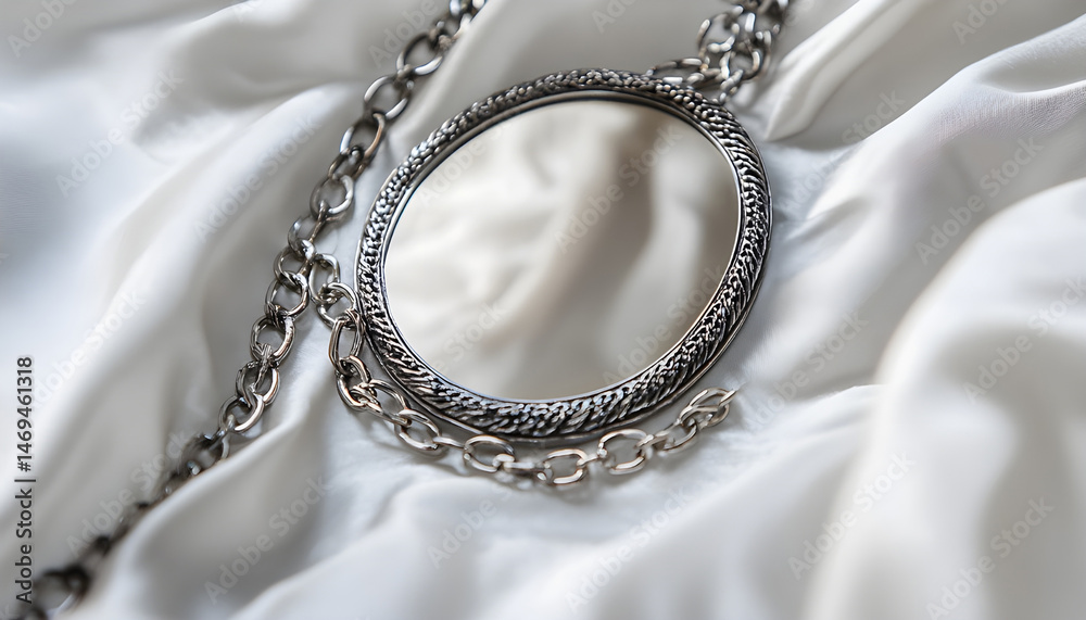 Metal chains and mirror on white fabric. Luxury jewelry