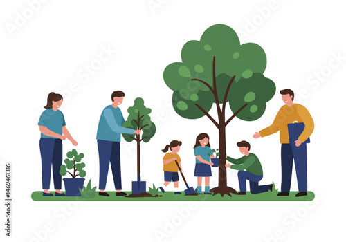 Community volunteers plant trees together in a vibrant outdoor setting. A joyful event showcasing teamwork and environmental stewardship. Bright, cheerful illustration.