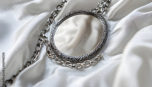Obraz na płótnie Metal chains and mirror on white fabric. Luxury jewelry w salonie