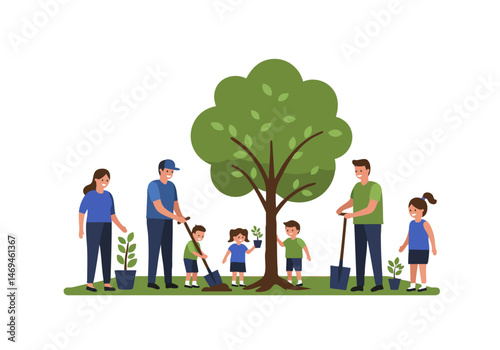Diverse group plants a tree during a community event. Volunteers work together outdoors, fostering a positive and sustainable environment. Bright, cheerful scene.