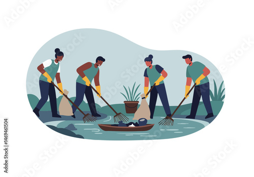 Diverse volunteers clean a habitat with rakes and bags, showcasing teamwork and environmental stewardship. A vibrant, optimistic scene.