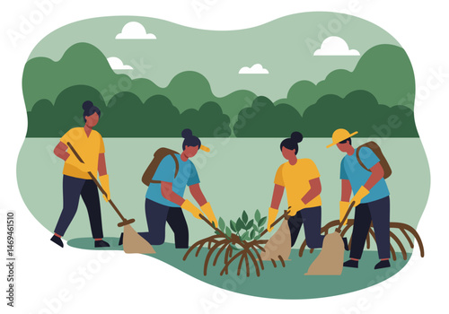 Diverse volunteers clean a habitat, working together outdoors. A vibrant scene of community action and environmental stewardship.  Bright, cheerful, and visually appealing.