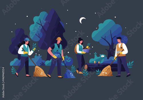 Diverse volunteers clean a natural habitat at night. A charming illustration showcases teamwork and environmental stewardship. Vibrant blues and greens create a calming, positive scene.