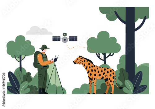 Park ranger uses technology to monitor wildlife. A modern anti-poaching patrol with NOH technology protects a giraffe in a lush forest setting.  Illustrative, vibrant, and impactful.