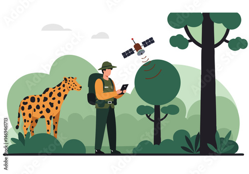 A park ranger uses technology to monitor wildlife, specifically a leopard, combating poaching. A modern satellite and tablet highlight the innovative approach to conservation.  Illustrative style.