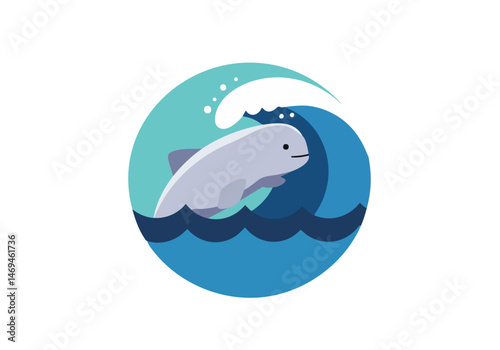 A playful dolphin icon swims amidst a stylized wave, symbolizing endangered species. Clean, modern design with a vibrant blue background. Ideal for environmental campaigns.
