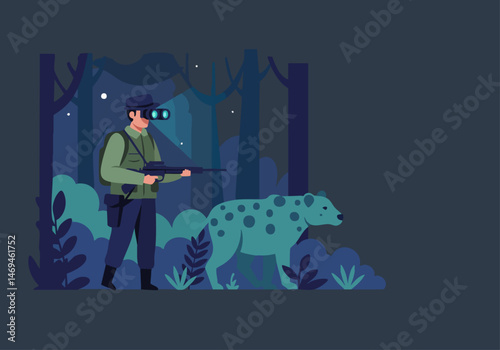 A ranger uses augmented reality technology to monitor a leopard in a forest, combating illegal poaching. Dramatic, detailed illustration.